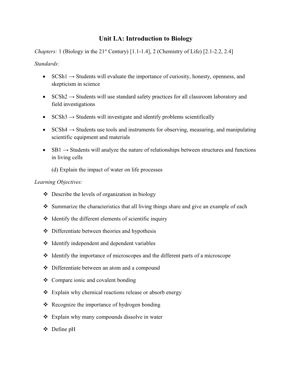 Unit I.A: Introduction to Biology