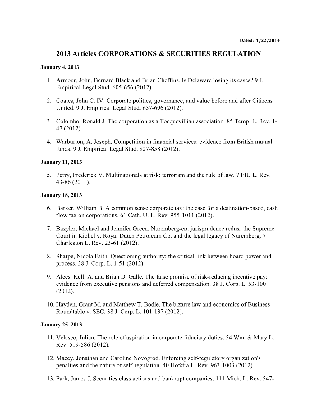 2013 Articles CORPORATIONS & SECURITIES REGULATION