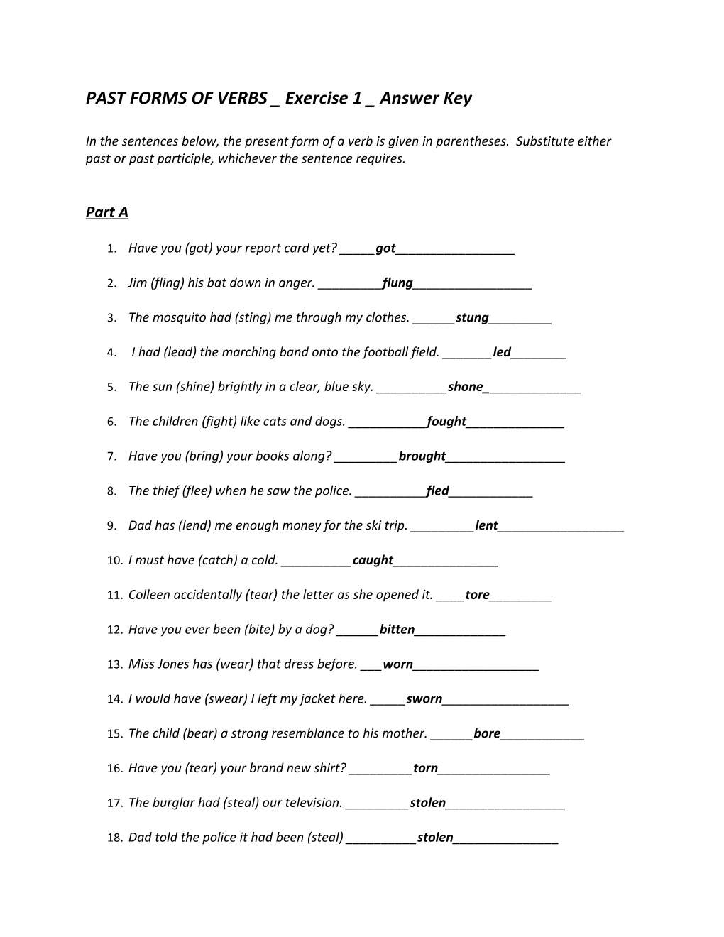 PAST FORMS of VERBS Exercise 1 Answer Key