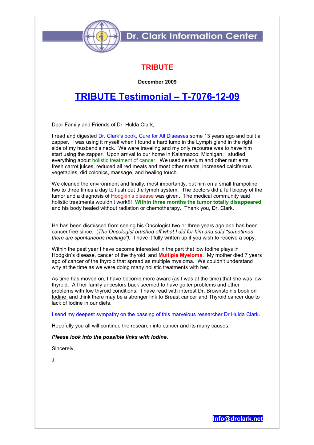 TRIBUTE Testimonial T-7076-12-09