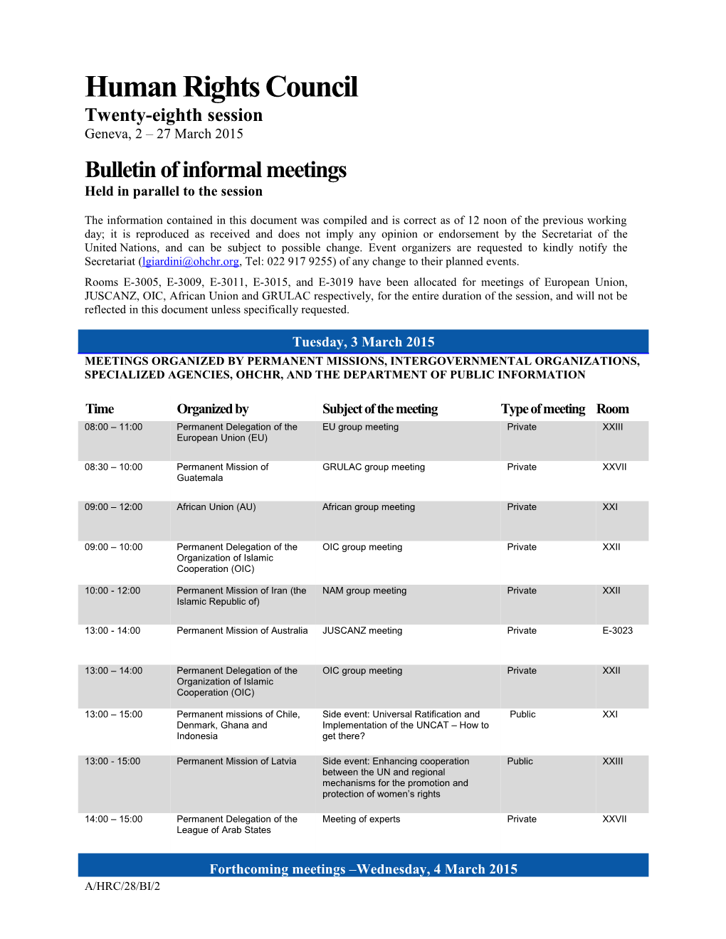 Bulletin of Informal Meetings, Tuesday, 3 March 2015 (Word)