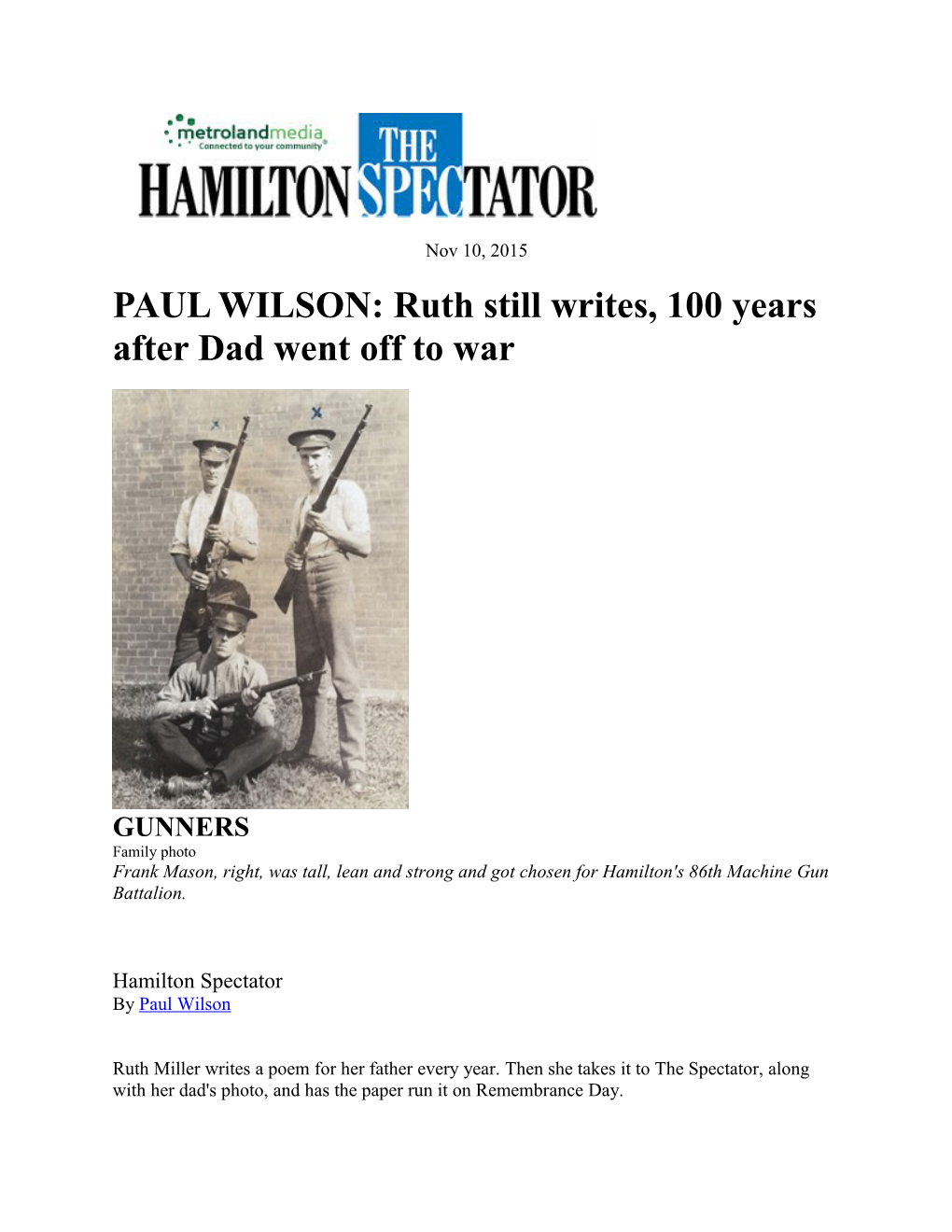 PAUL WILSON: Ruth Still Writes, 100 Years After Dad Went Off to War