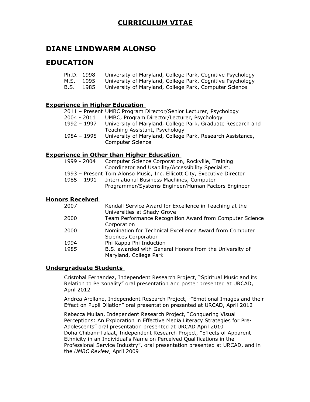 Diane Lindwarm Alonsocurriculum Vitae