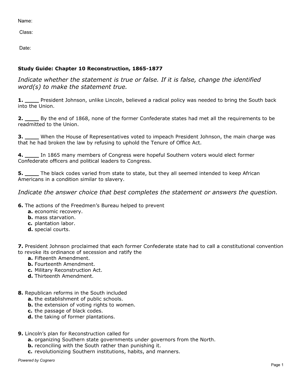 Chapter 10 Reconstruction, 1865-1877 Lesson 1 Quiz