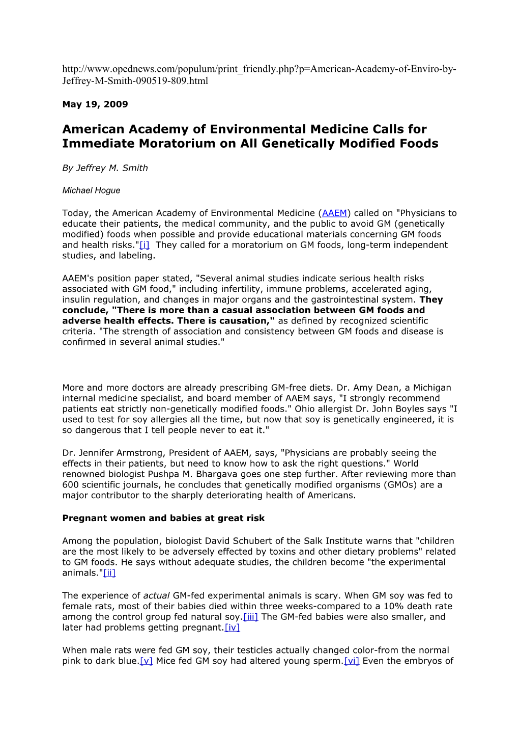 American Academy of Environmental Medicine Calls for Immediate Moratorium on All Genetically