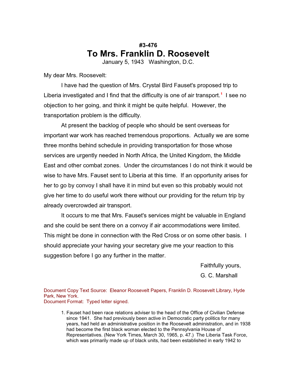 To Mrs. Franklin D. Roosevelt