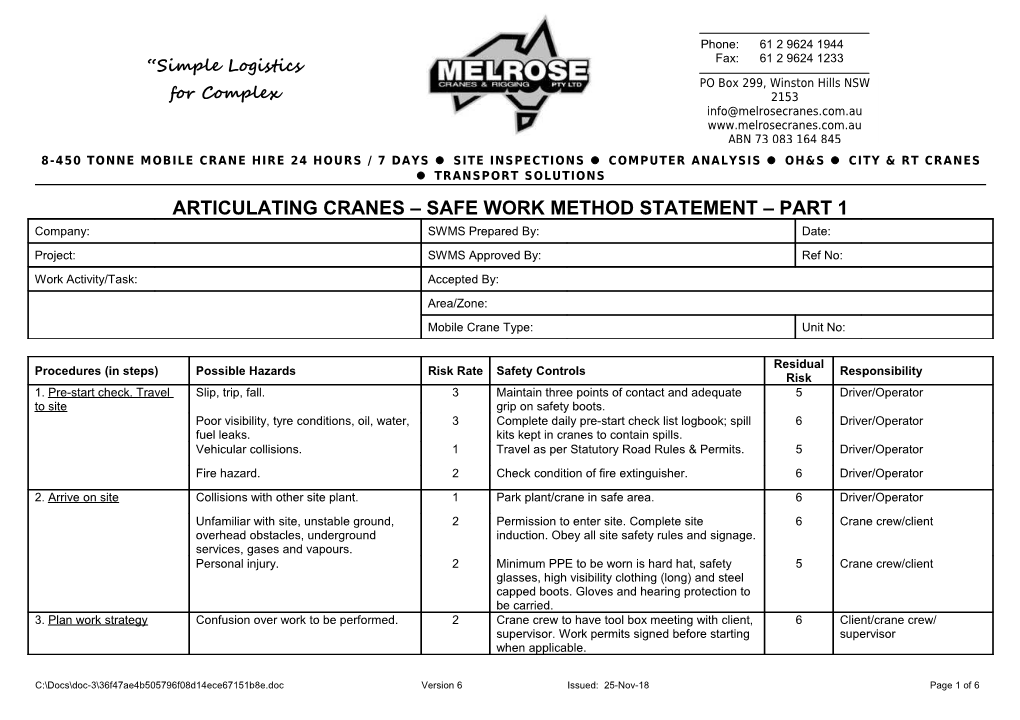 Articulating Cranes Safe Work Method Statement Part 1