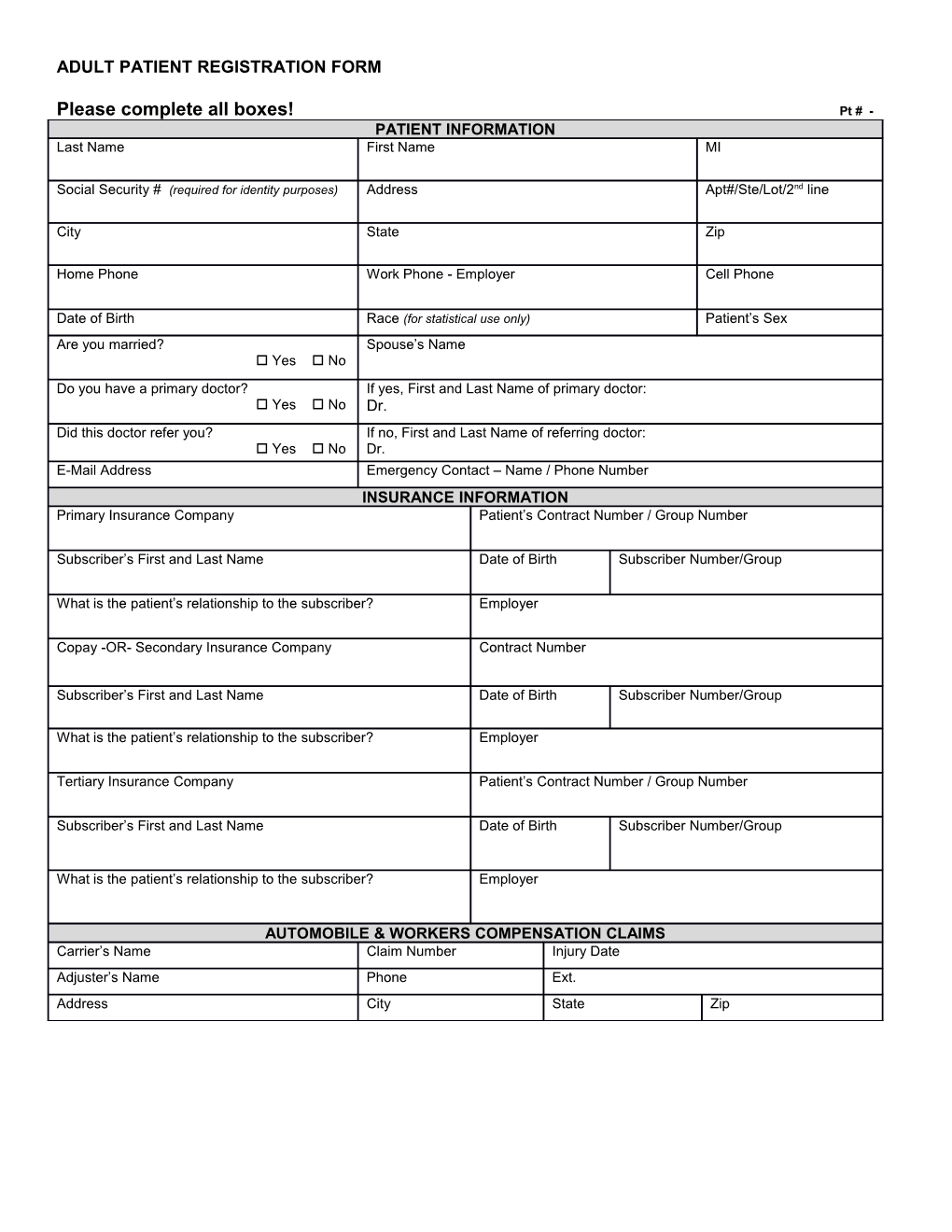 Adult Patient Registration Form