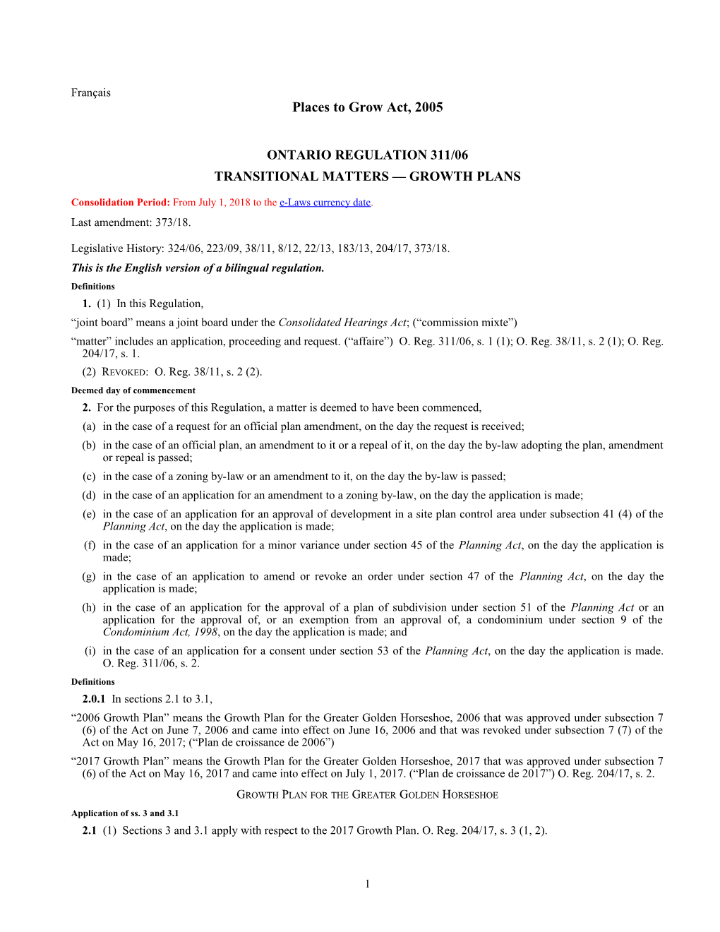 Places to Grow Act, 2005 - O. Reg. 311/06