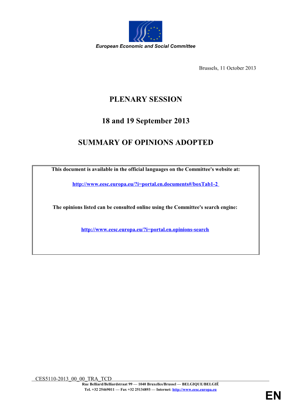 SUMMARY of OPINIONS ADOPTED - Session of 18 & 19 September 2013