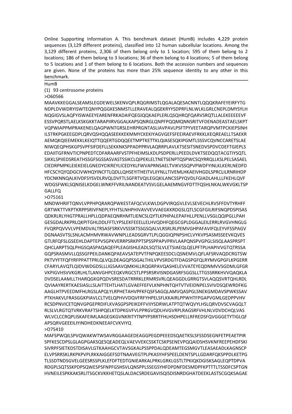 Online Supporting Information A. This Benchmark Dataset (Humb) Includes 4,229 Protein Sequences