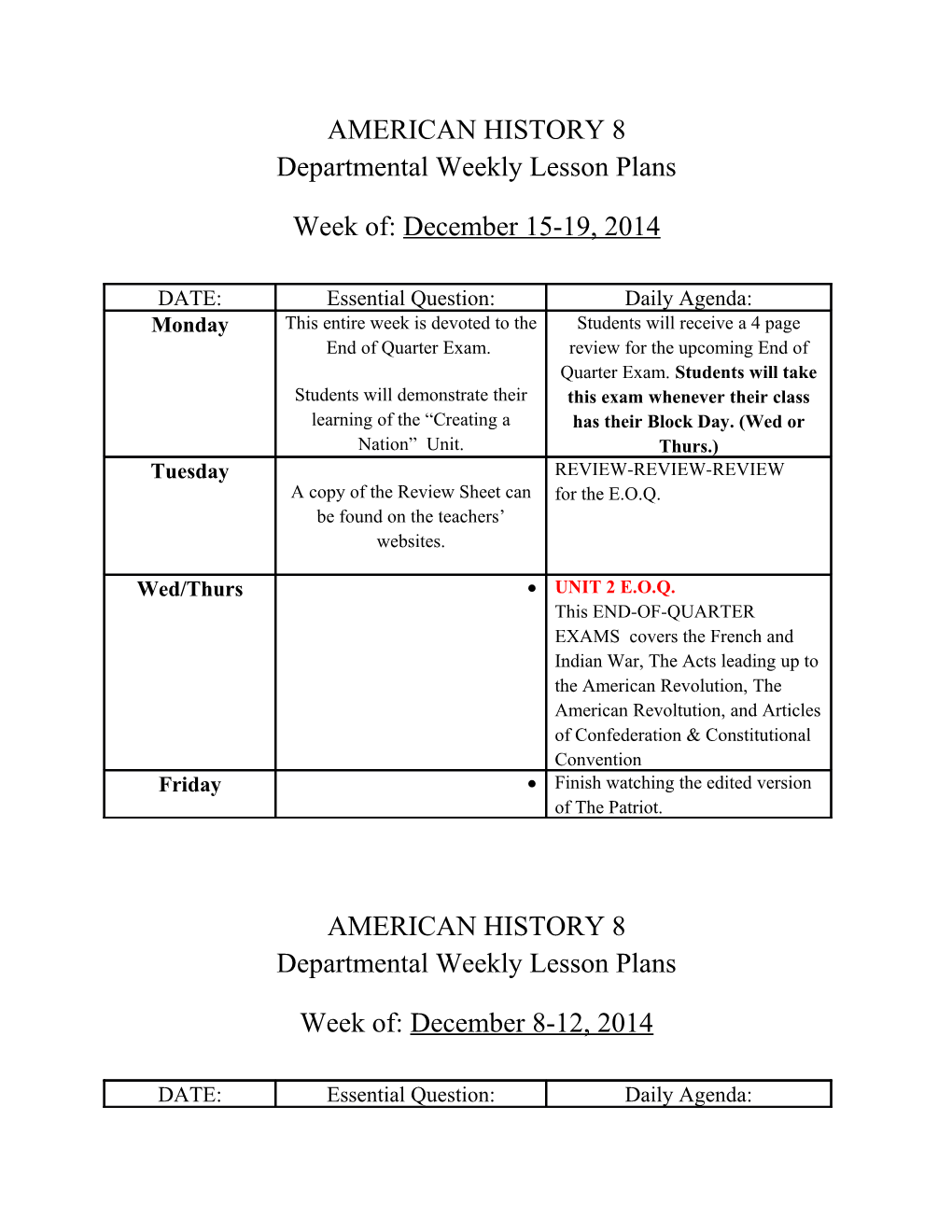 Departmental Weekly Lesson Plans