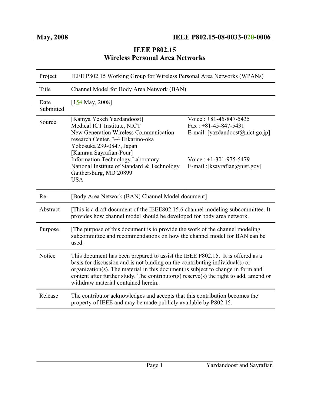 Draft of Channel Model for Body Area Network