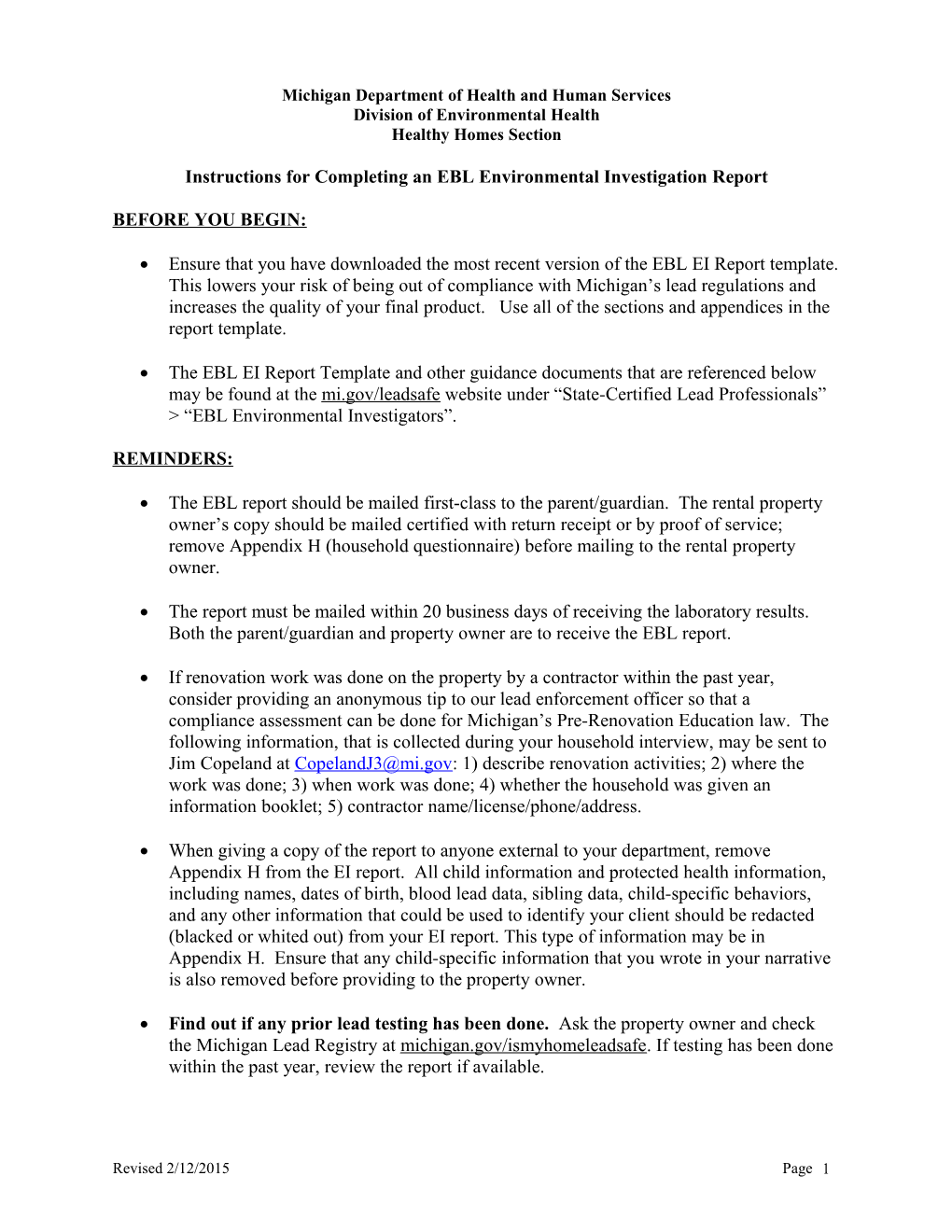 Instruction Manual for EBL Investigation Report