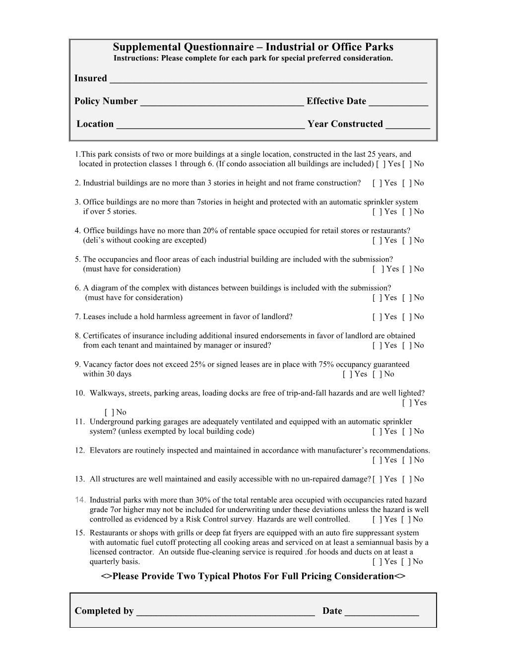 Supplemental Questionnaire Industrial Or Office Parks