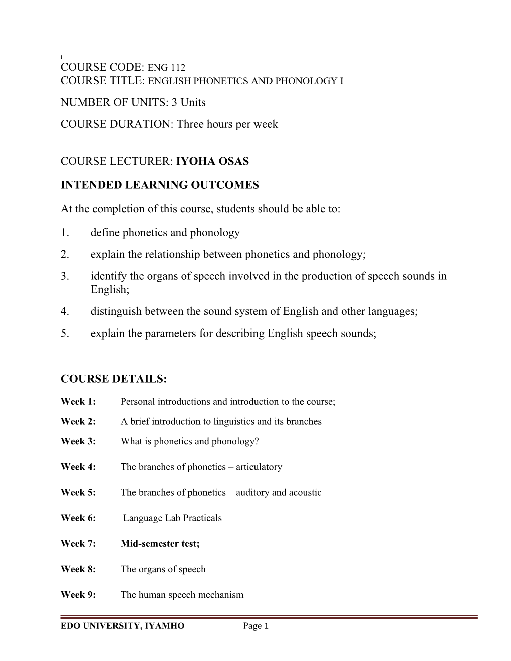 Course Title: English Phonetics and Phonology I