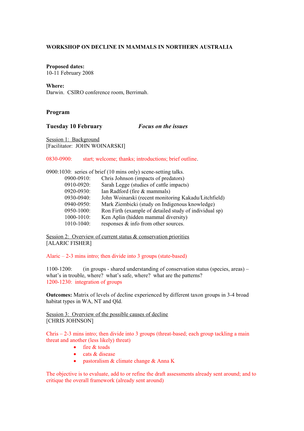 Workshop on Decline in Mammals in Northern Australia