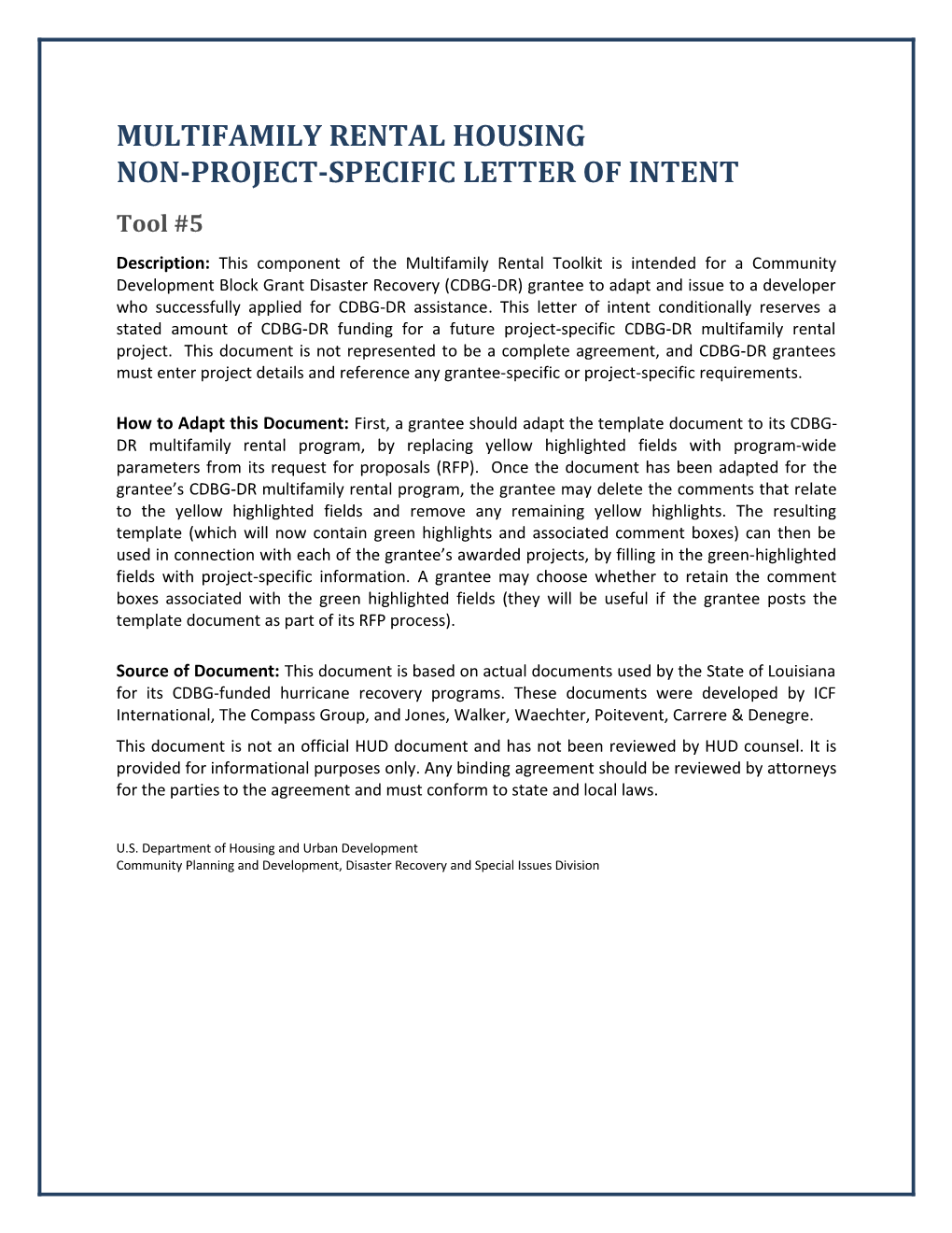 Disaster Recovery Multifamily Rental Letter of Intent