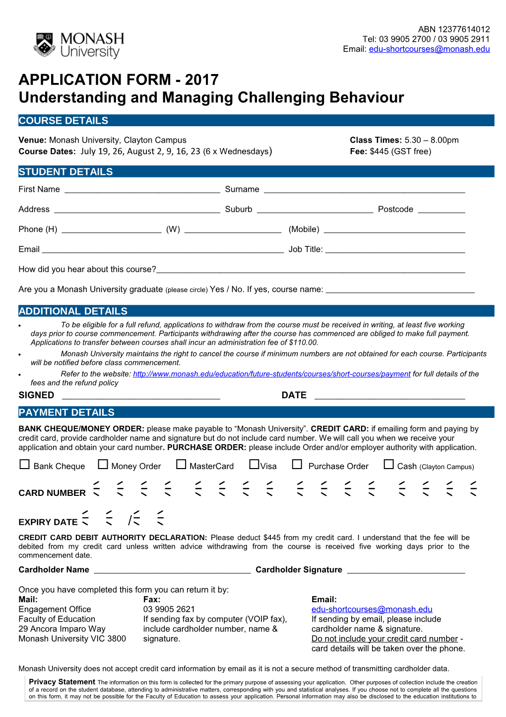 APPLICATION FORM - 2017 Understanding and Managing Challenging Behaviour