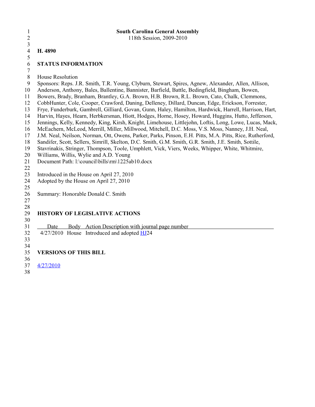 2009-2010 Bill 4890: Honorable Donald C. Smith - South Carolina Legislature Online