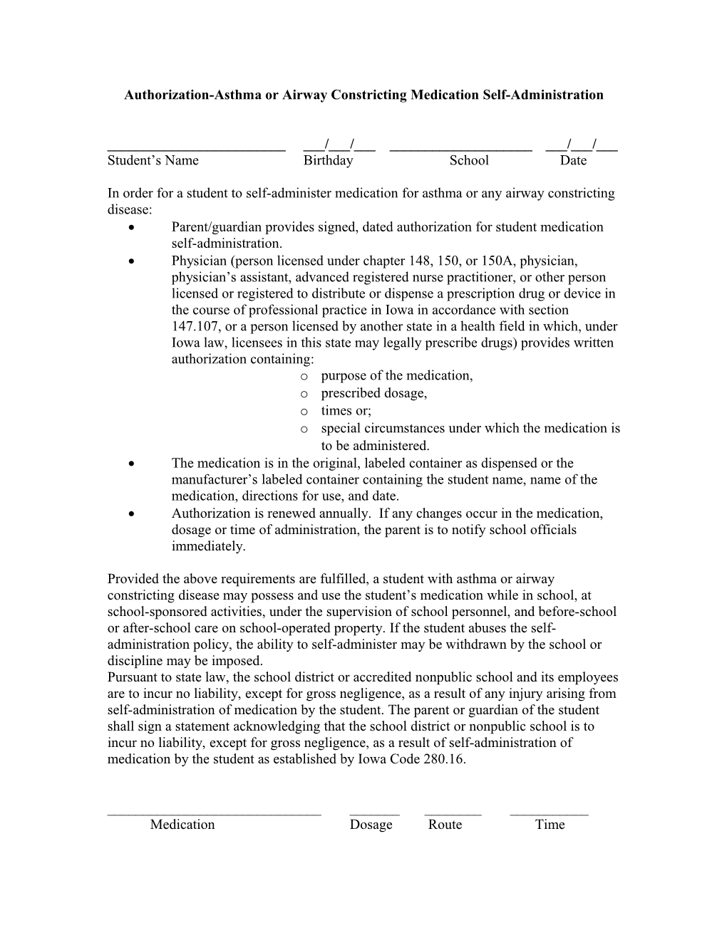 Authorization-Asthma Or Airway Constricting Medication Self-Administration