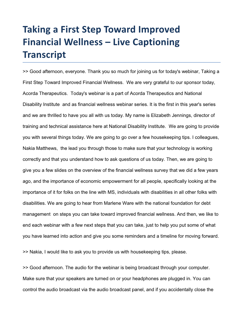 Taking a First Step Toward Improved Financial Wellness Live Captioning Transcript