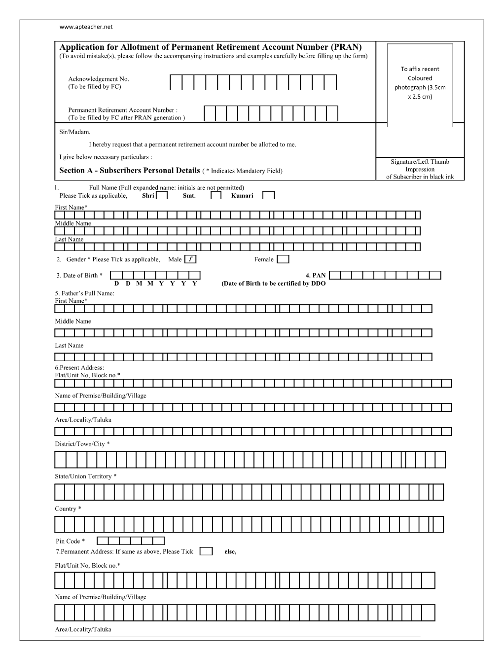 Application for Allotment of Permanent Retirement Account Number (PRAN)