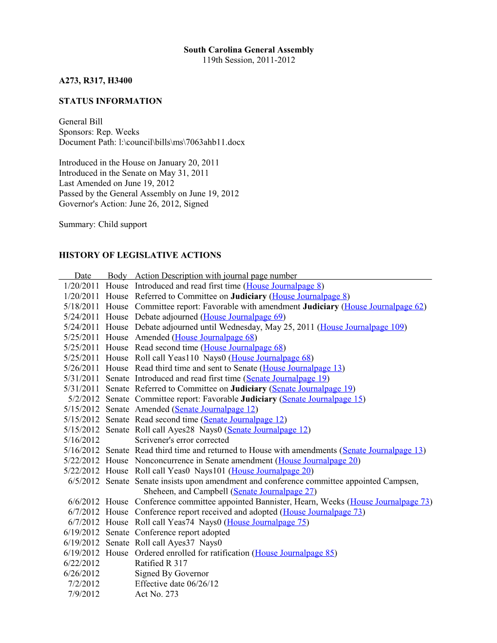 2011-2012 Bill 3400: Child Support - South Carolina Legislature Online