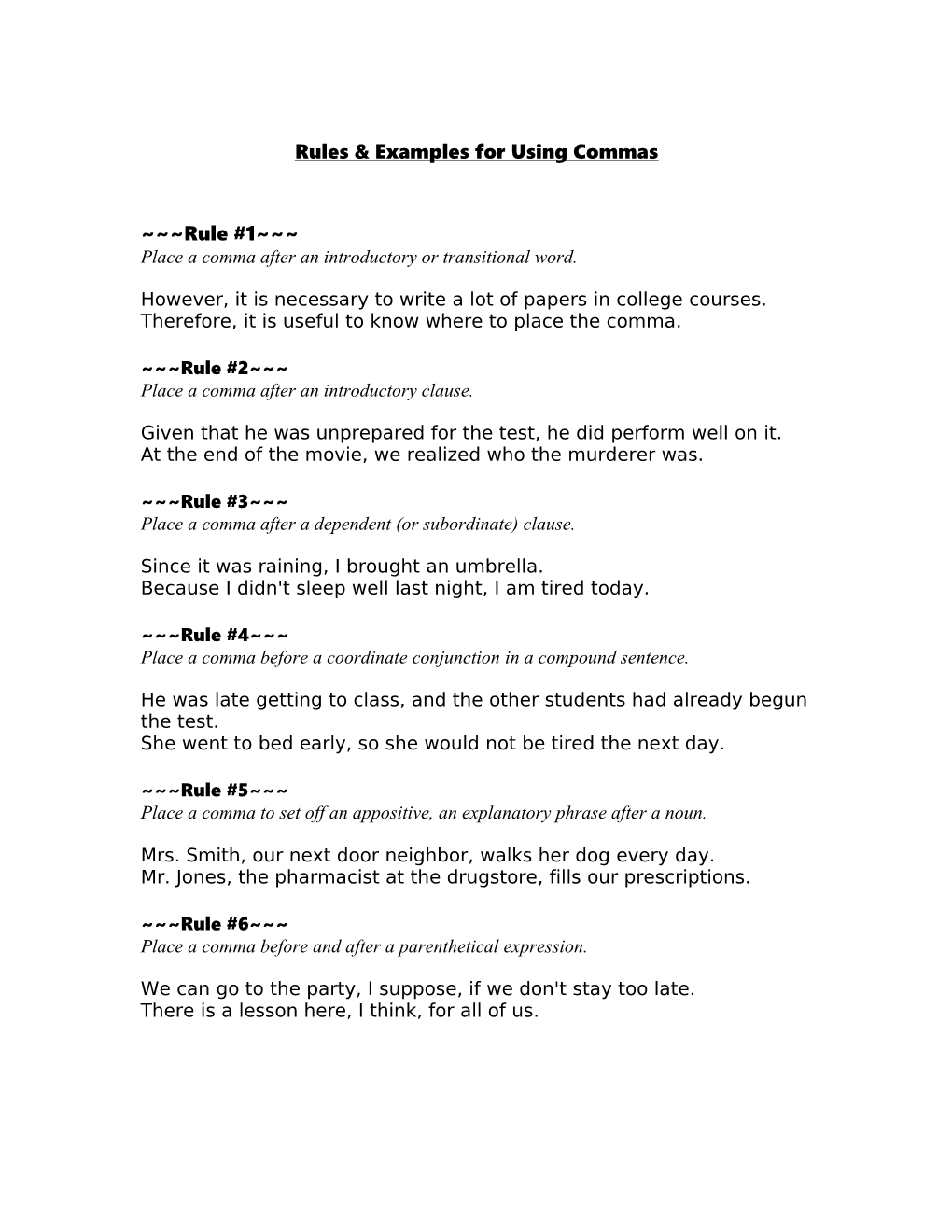 Rules & Examples for Using Commas