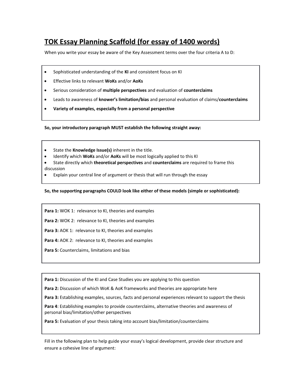 TOK Essay Planning Scaffold (For Essay of 1400 Words)