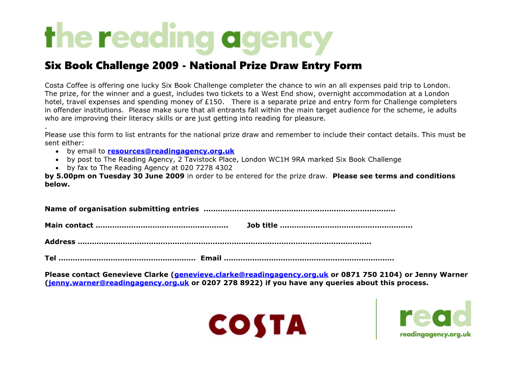 Six Book Challenge 2009 - National Prize Draw Entry Form