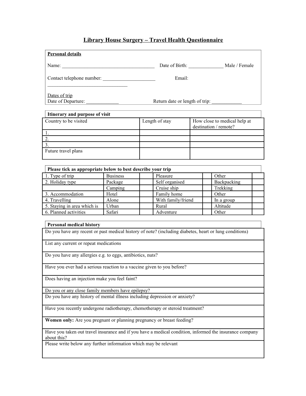 Acorn Group Practice Travel Health Questionnaire