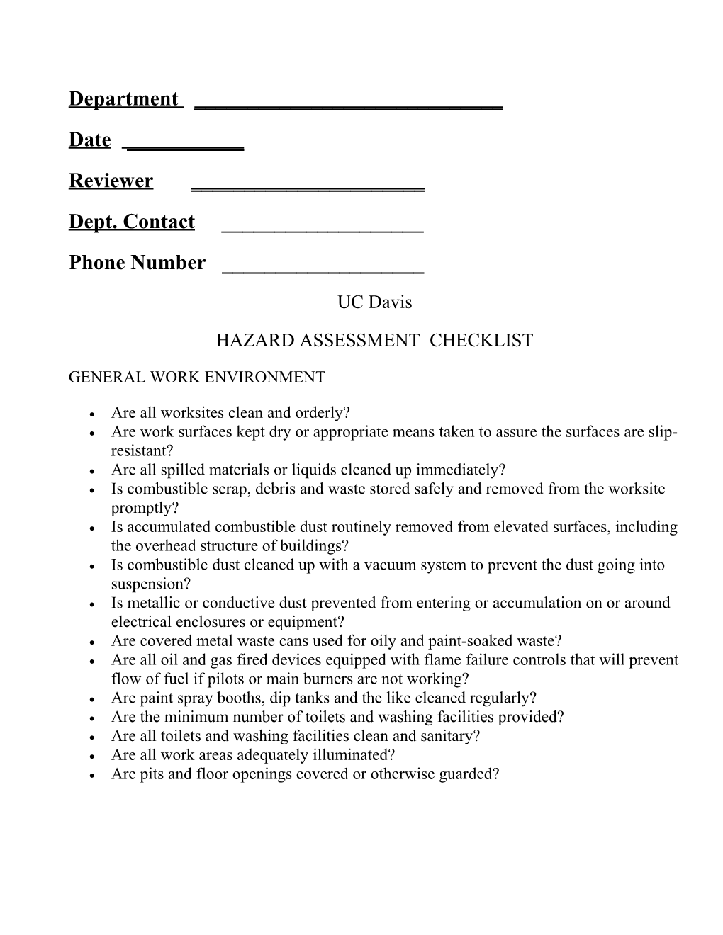 Hazard Assessment Checklist