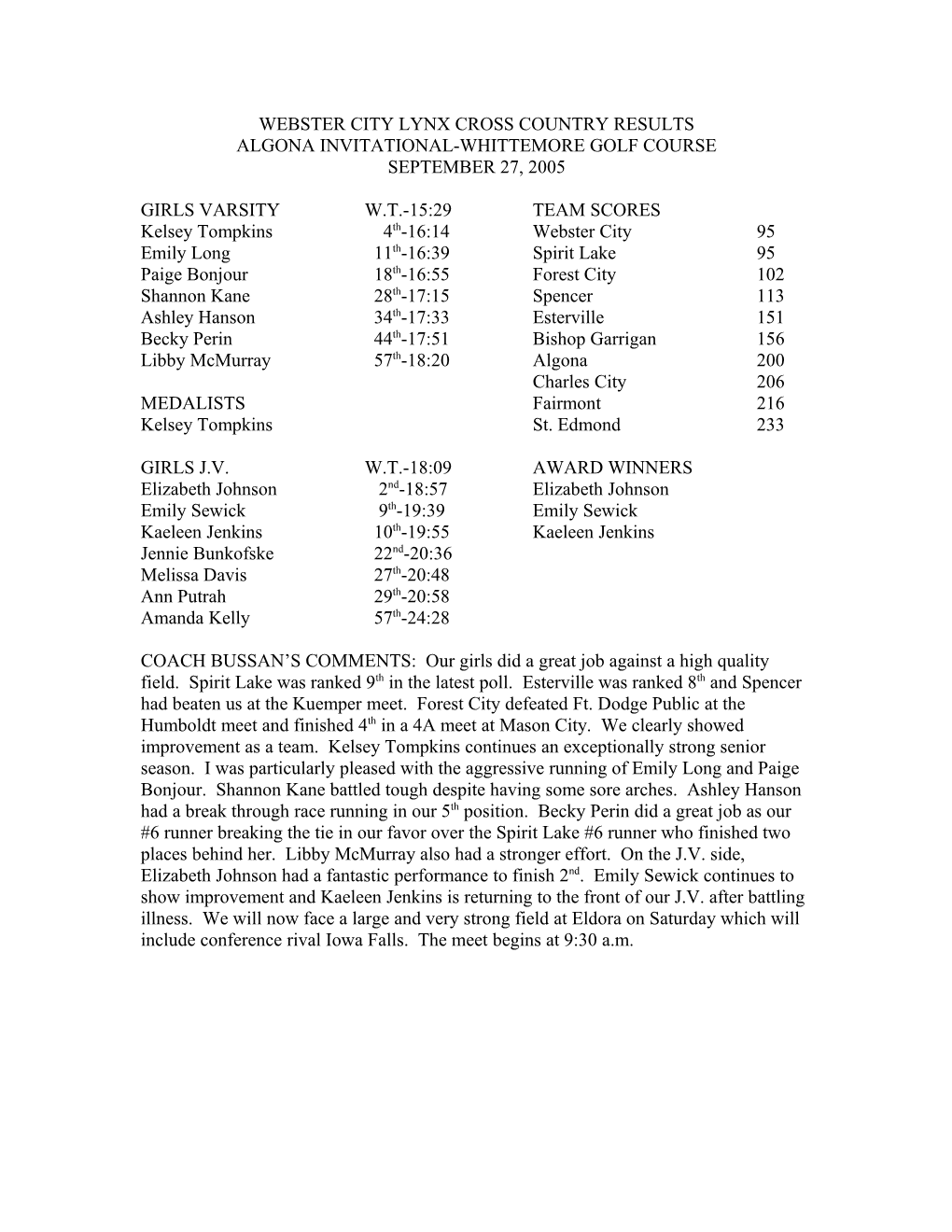 Webster City Lynx Cross Country Results