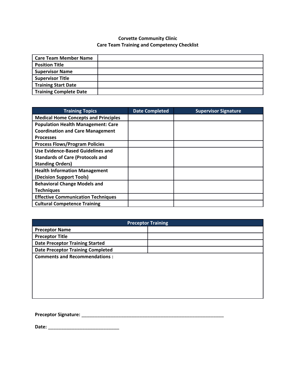 Care Team Training and Competency Checklist