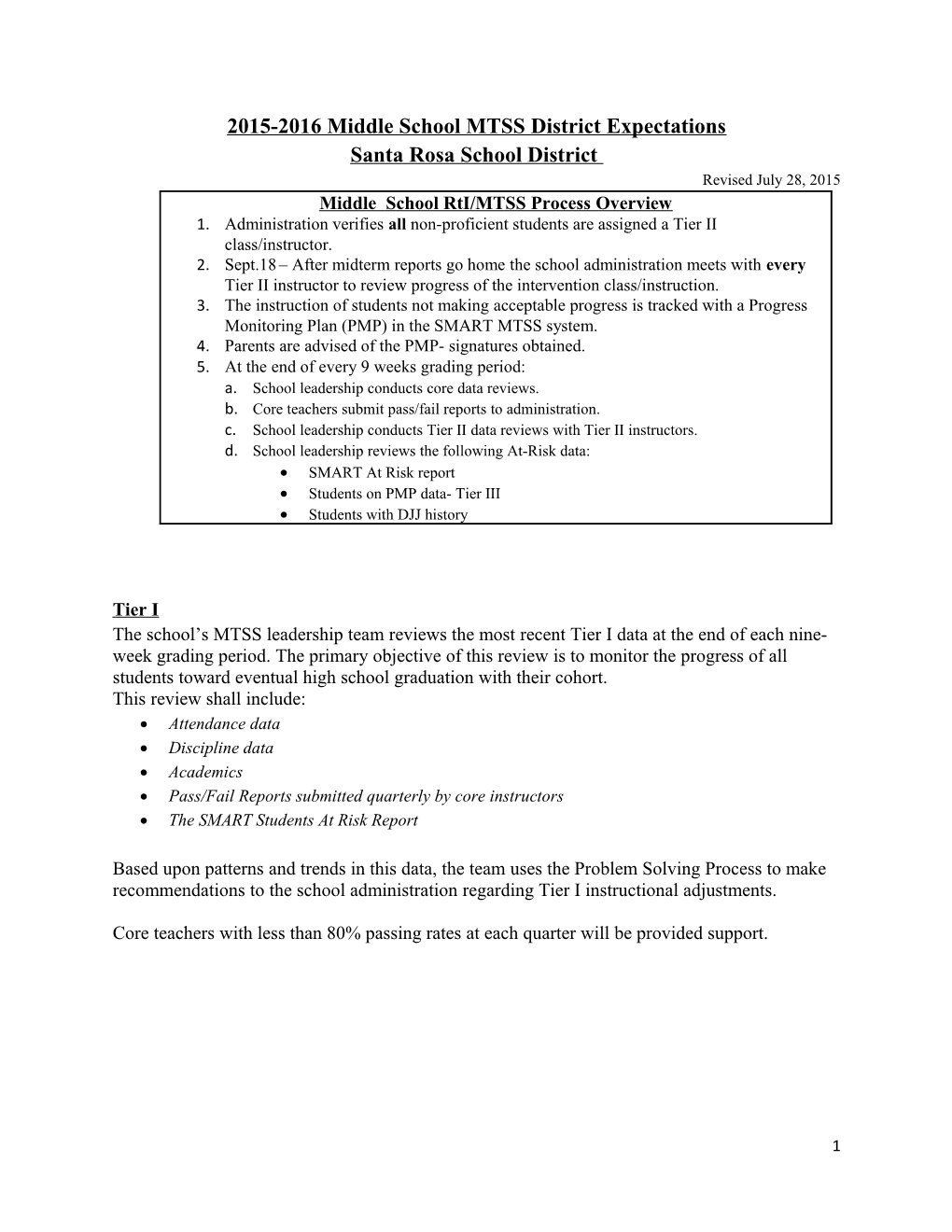 2015-2016 Middle School MTSS District Expectations