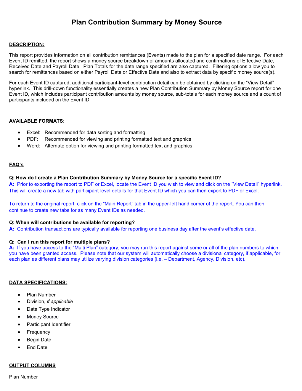 Plan Contribution Summary by Money Source