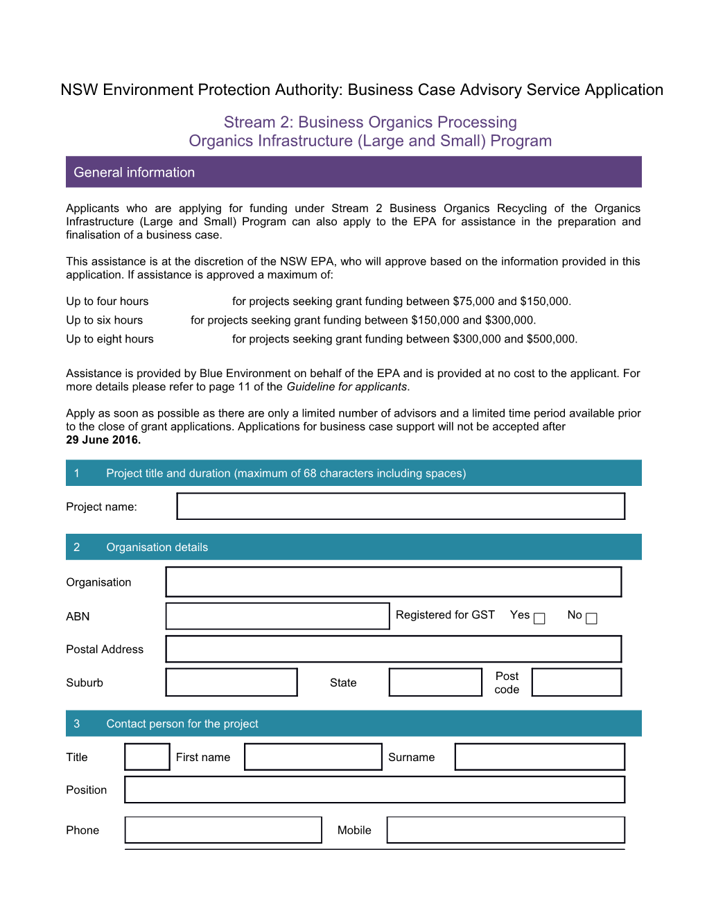 2015 Business Case Advisory Application Form - Organics Infrastructure