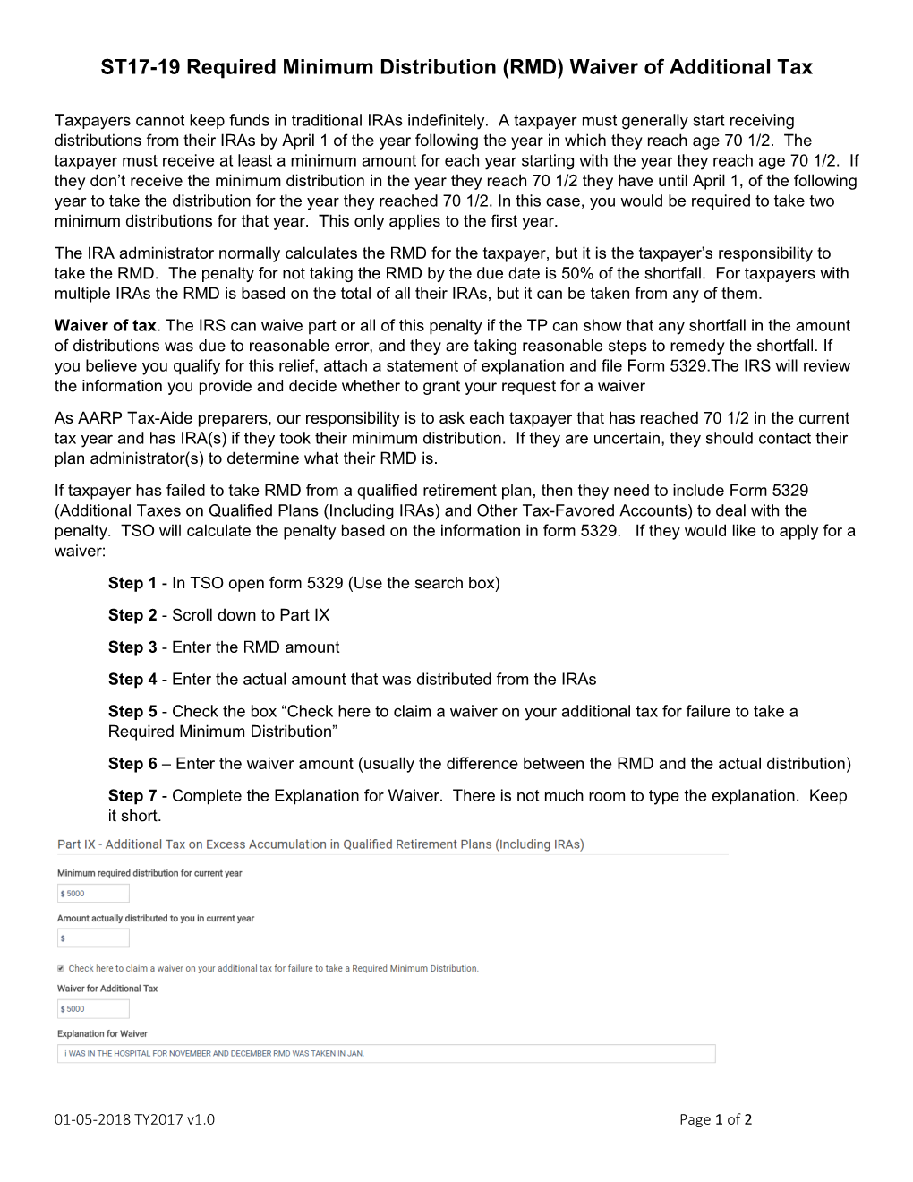ST17-19 Required Minimum Distribution (RMD) Waiver of Additional Tax