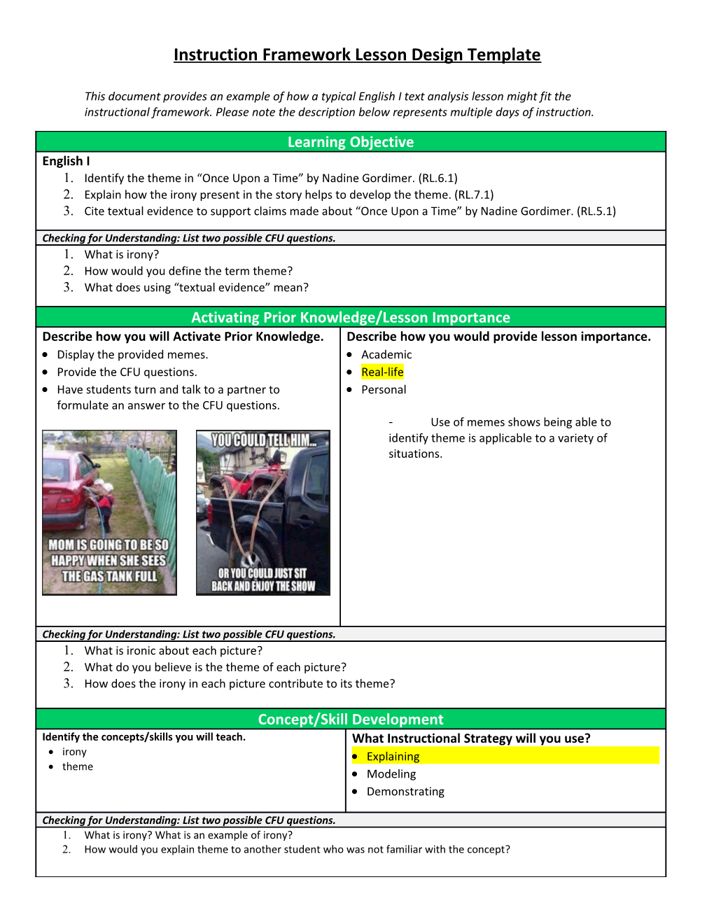 Instruction Framework Lesson Design Template