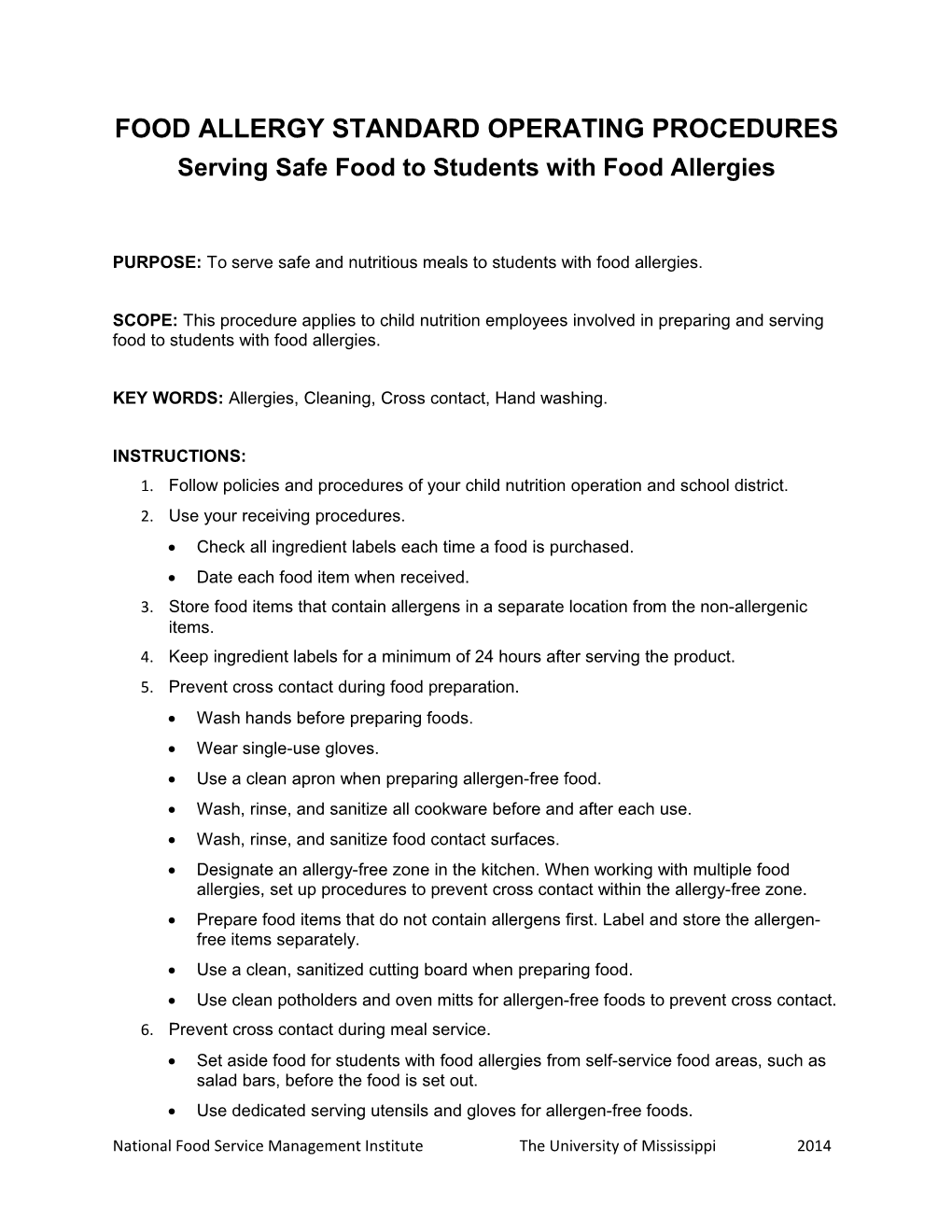 Food Allergy Standard Operating Procedures