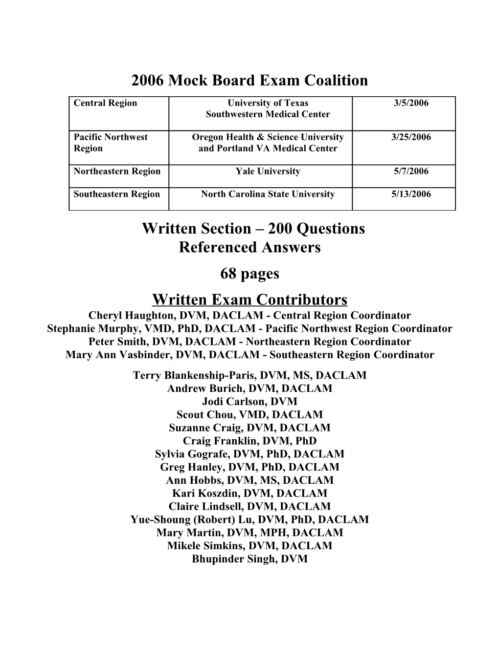 2006 Mock ACLAM Board Exam Coalition