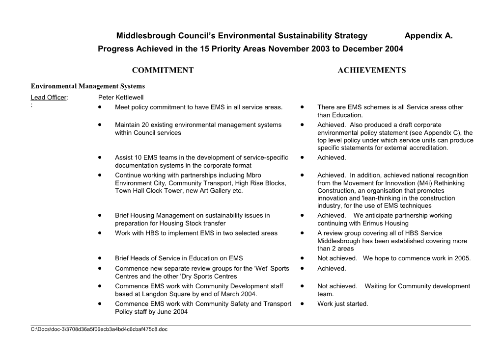 Progress Against 15 Priority Areas Agreed by CMT As the Basis for the Council S Environmental