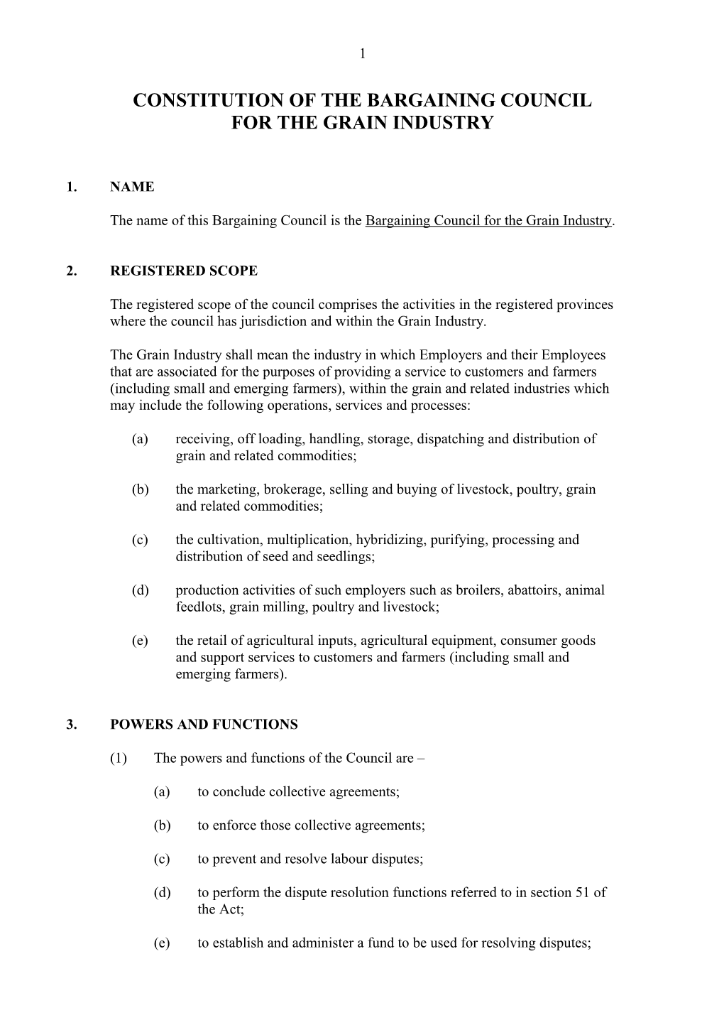 Constitution of the Bargaining Council for the Grain Industry