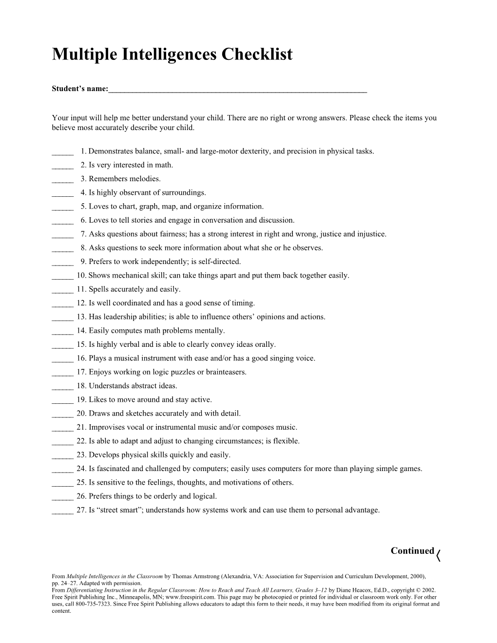 Multiple Intelligences Checklist