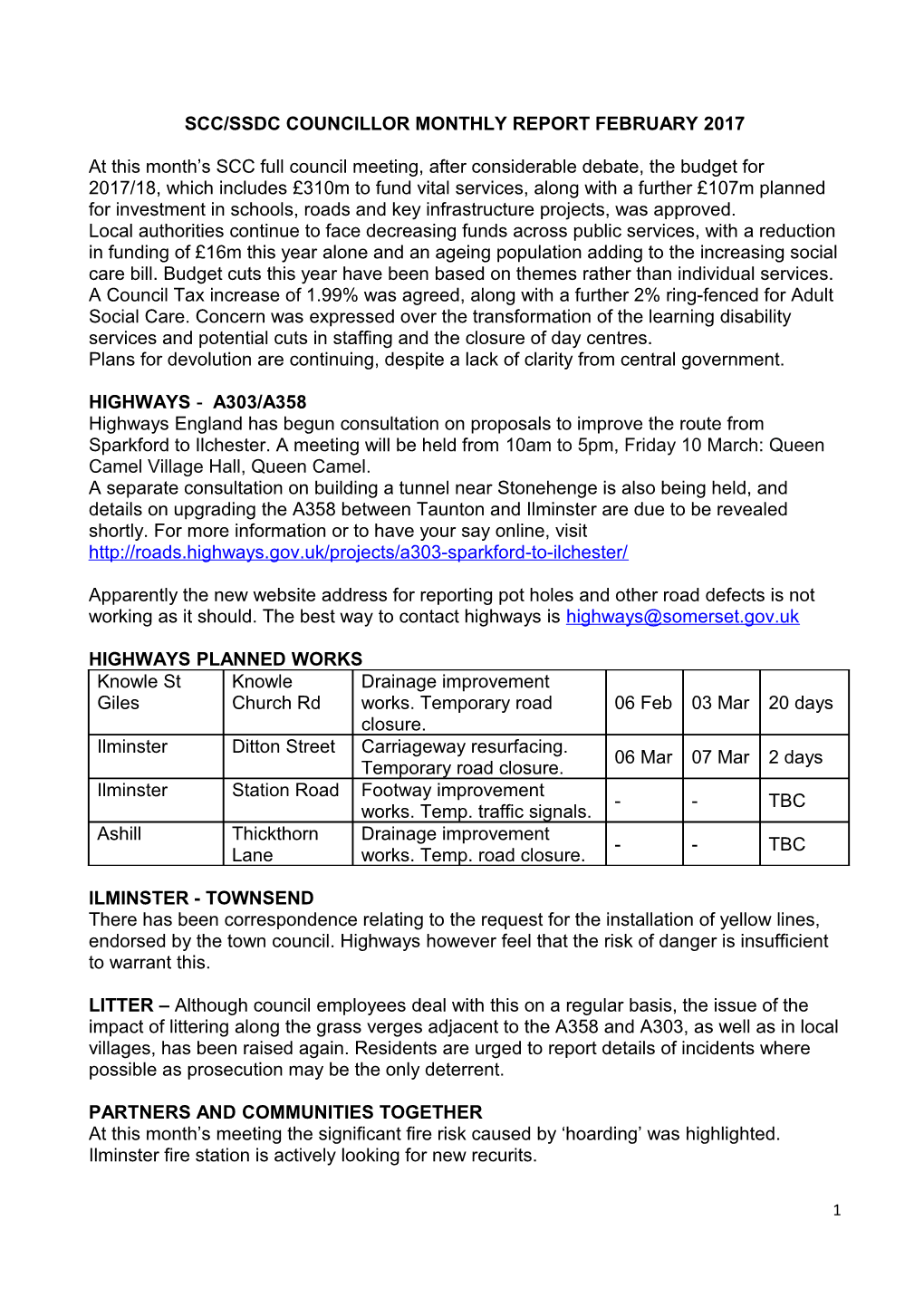 Scc/Ssdc Councillor Monthly Report February 2017