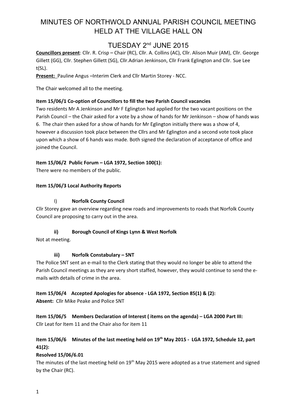 Minutes of Northwold Annual Parish Council Meeting Held at the Village Hall On