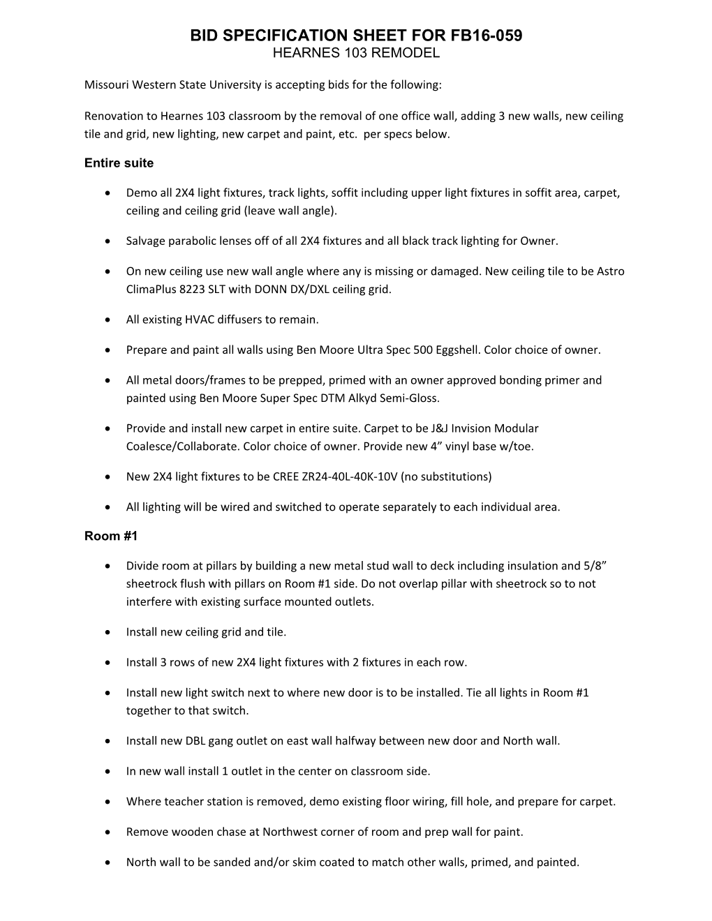 Bid Specification Sheet for Fb16-059