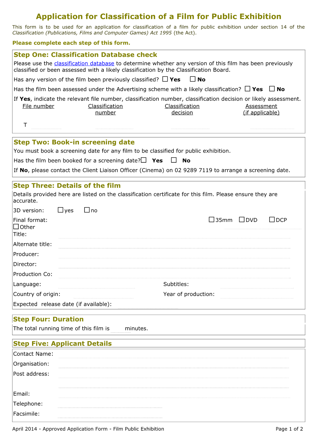 Application for Classification of a Film for Public Exhibition