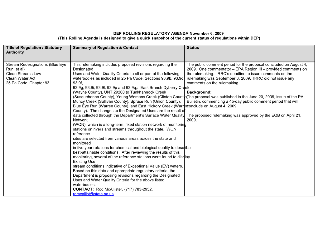 DEP ROLLING REGULATORY AGENDA November 6, 2009